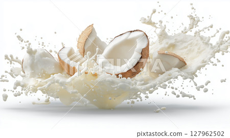 Coconut pieces flying through the air in motion 127962502