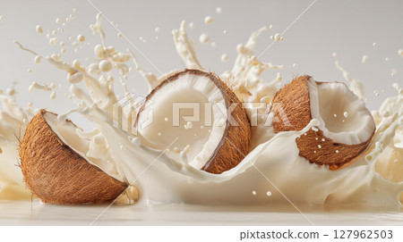 Coconuts flying in a splash of coconut milk 127962503