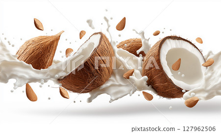 Flying coconut pieces create a splash effect 127962506