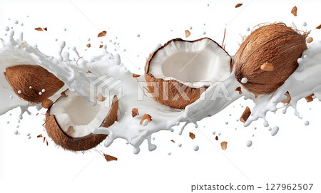 Coconut pieces flying through the air with splash 127962507
