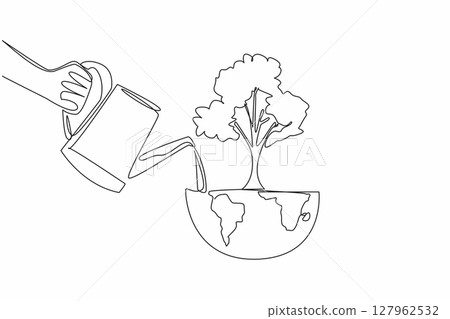 Single continuous line drawing a hand watering a tree on half the globe using a watering can. An activity to green the earth. Clean from pollution. Day of Trees. One line design vector illustration Single continuous line drawing a hand watering a tree on half the globe using a watering can. An activity to green the earth. Clean from pollution. Day of Trees. One line design vector illustration 127962532