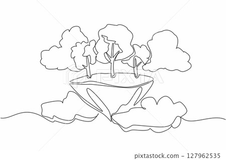 Continuous one line drawing some trees on floating pieces of land. Like in a fairy tale. A beautiful place surrounded by bright clouds. Eco. Day of Trees. Single line draw design vector illustration 127962535