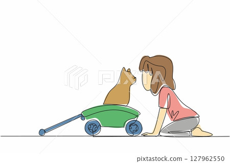 Single continuous line drawing girl kisses a cat standing on a wagon. Enjoy joking around with the beloved cat. Adorable behavior. Cute. National Pet Parents Day. One line design vector illustration 127962550