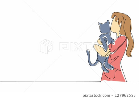 Single continuous line drawing a woman hugs and kisses a cat. The only pet that truly loved. Always walk together in evening and weekends. National Pet Parents Day. One line design vector illustration Single continuous line drawing a woman hugs and kisses a cat. The only pet that truly loved. Always walk together in evening and weekends. National Pet Parents Day. One line design vector illustration 127962553