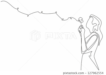 Single continuous line drawing woman in casual clothes holds a dandelion with both hands and blows it. High hopes are not as fragile as dandelions. World Wish Day. One line design vector illustration Single continuous line drawing woman in casual clothes holds a dandelion with both hands and blows it. High hopes are not as fragile as dandelions. World Wish Day. One line design vector illustration 127962554