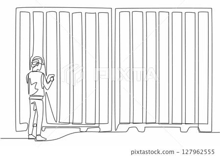 Single continuous line drawing a man wearing helmet holding a clipboard. Initial or final inspection. Goods received or to be shipped. National Supply Chain Day. One line design vector illustration Single continuous line drawing a man wearing helmet holding a clipboard. Initial or final inspection. Goods received or to be shipped. National Supply Chain Day. One line design vector illustration 127962555