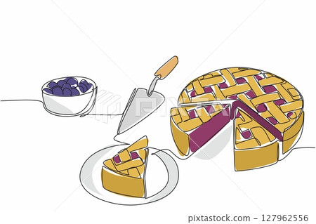 Single one line drawing blueberry pie cut into pieces. Share the pleasure of the softness of sweet and sour snacks. Freshness. National Blueberry Pie Day. Continuous line design graphic illustration Single one line drawing blueberry pie cut into pieces. Share the pleasure of the softness of sweet and sour snacks. Freshness. National Blueberry Pie Day. Continuous line design graphic illustration 127962556