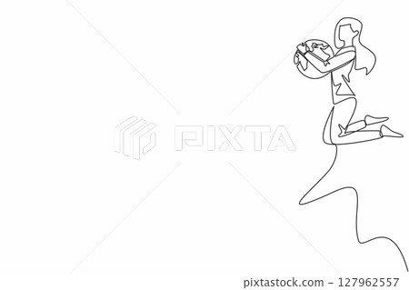 Single continuous line drawing a woman in casual clothes jumps while holding a globe. Female parkour player. An exciting hobby. Expression. We Jump The World Day. One line design vector illustration Single continuous line drawing a woman in casual clothes jumps while holding a globe. Female parkour player. An exciting hobby. Expression. We Jump The World Day. One line design vector illustration 127962557