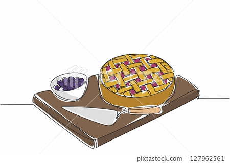 Continuous one line drawing blueberry pie on a square wooden cutting board. A cake spoon is provided to make it easier to eat. National Blueberry Pie Day. Single line draw design vector illustration Continuous one line drawing blueberry pie on a square wooden cutting board. A cake spoon is provided to make it easier to eat. National Blueberry Pie Day. Single line draw design vector illustration 127962561