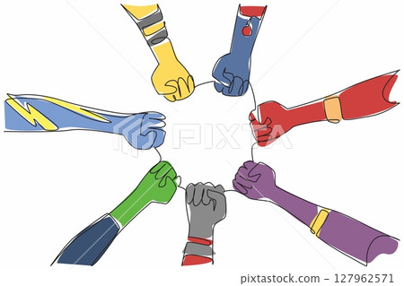 Single one line drawing some superhero hands of various variations and colors. Seven heroes present ready to help humans. Defender. National Superhero Day. Continuous line design graphic illustration Single one line drawing some superhero hands of various variations and colors. Seven heroes present ready to help humans. Defender. National Superhero Day. Continuous line design graphic illustration 127962571