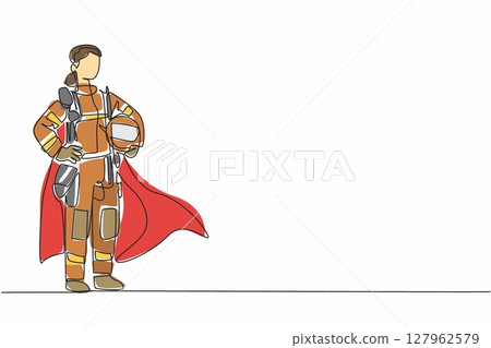 Single continuous line drawing female firefighter in full uniform and wings holding waist. Have the same ability as men. Skilled worker. National Superhero Day. One line design vector illustration 127962579