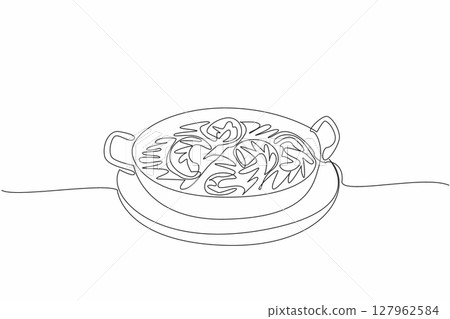 Single one line drawing shrimp scampi served in round pan and wooden cutting board. Serving to keep food warm for a long time. National Shrimp Scampi Day. Continuous line design graphic illustration Single one line drawing shrimp scampi served in round pan and wooden cutting board. Serving to keep food warm for a long time. National Shrimp Scampi Day. Continuous line design graphic illustration 127962584