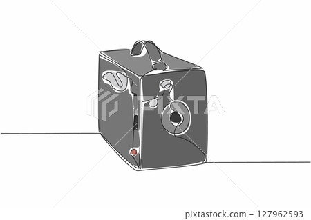 Single continuous line drawing pinhole camera. With a strap made of genuine leather. Adds a classic and elegant impression. Vintage. World Pinhole Photography Day. One line design vector illustration 127962593