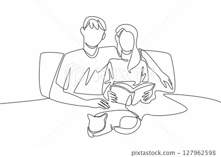 Continuous one line drawing romantic couple relaxing on the bed and reading a book. Quality time with beloved cat. Joy together. National Pet Parents Day. Single line draw design vector illustration Continuous one line drawing romantic couple relaxing on the bed and reading a book. Quality time with beloved cat. Joy together. National Pet Parents Day. Single line draw design vector illustration 127962598
