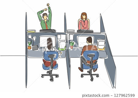 Single continuous line drawing two female and two male employees work at their respective workstations. Busy morning for workers. Responsible. National Cubicle Day. One line design vector illustration Single continuous line drawing two female and two male employees work at their respective workstations. Busy morning for workers. Responsible. National Cubicle Day. One line design vector illustration 127962599