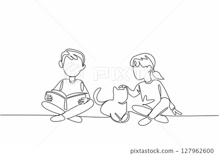 Continuous one line drawing a boy and girl sitting cross legged on the floor and boy is reading a book to cat. The cat lover. National Pet Parents Day. Single line draw design vector illustration Continuous one line drawing a boy and girl sitting cross legged on the floor and boy is reading a book to cat. The cat lover. National Pet Parents Day. Single line draw design vector illustration 127962600