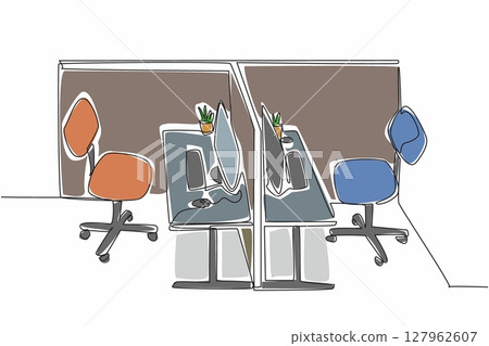 Single continuous line drawing cubicle office facing each other. Designed for easy coordination between coworkers. Convenience. Neat. Clean. National Cubicle Day. One line design vector illustration 127962607