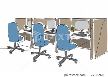 Continuous one line drawing cubicle office with 3 boxes in a row. Design the room as for operators. Comfort while working is priority. National Cubicle Day. Single line draw design vector illustration 127962609