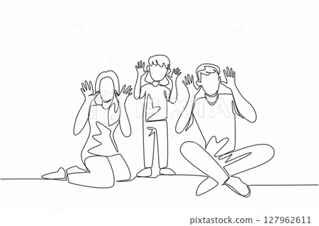 Single one line drawing the daughter stands in the middle of the seated father and mother. Hearing problem. Symbol of not hearing. Mother Father Deaf Day. Continuous line design graphic illustration 127962611