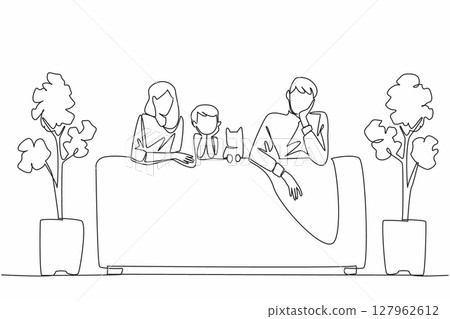 Single one line drawing mother and father, a son and a cat sitting on the sofa, their backs to the sofa. Uniqueness of the family. National Pet Parents Day. Continuous line design graphic illustration 127962612