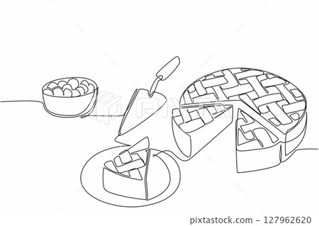 Single one line drawing blueberry pie cut into pieces. Share the pleasure of the softness of sweet and sour snacks. Freshness. National Blueberry Pie Day. Continuous line design graphic illustration 127962620