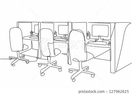 Continuous one line drawing cubicle office with 3 boxes in a row. Design the room as for operators. Comfort while working is priority. National Cubicle Day. Single line draw design vector illustration 127962625