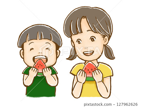 Original illustration | Smiling children enjoying summer with watermelons Original illustration | Smiling children enjoying summer with watermelons 127962626
