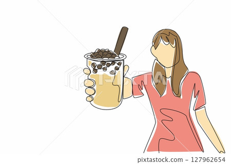 Single one line drawing woman in casual clothes holding glass of bubble tea. Offers cold and sweet drinks. Sweet tapioca. Beverage. National Bubble Tea Day. Continuous line design graphic illustration Single one line drawing woman in casual clothes holding glass of bubble tea. Offers cold and sweet drinks. Sweet tapioca. Beverage. National Bubble Tea Day. Continuous line design graphic illustration 127962654