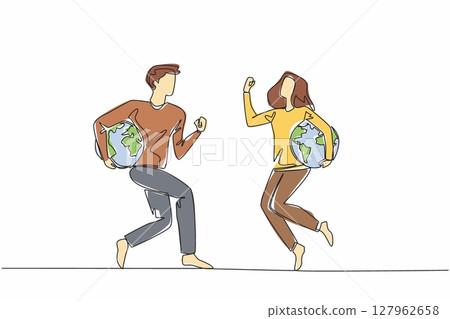 Continuous one line drawing a man and woman jump while holding a globe together. Connects enthusiasts worldwide with same passion. We Jump The World Day. Single line draw design vector illustration Continuous one line drawing a man and woman jump while holding a globe together. Connects enthusiasts worldwide with same passion. We Jump The World Day. Single line draw design vector illustration 127962658