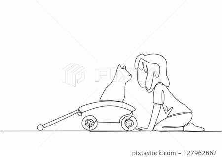Single continuous line drawing girl kisses a cat standing on a wagon. Enjoy joking around with the beloved cat. Adorable behavior. Cute. National Pet Parents Day. One line design vector illustration 127962662