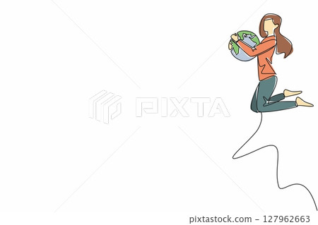 Single continuous line drawing a woman in casual clothes jumps while holding a globe. Female parkour player. An exciting hobby. Expression. We Jump The World Day. One line design vector illustration 127962663