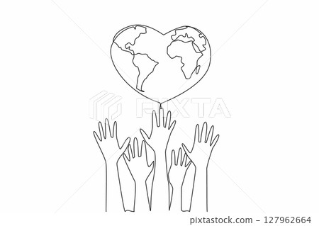 Continuous one line drawing several hands are raised upwards and above a heart shaped globe. Mass organizations ready to protect the earth. Global Love Day. Single line draw design vector illustration 127962664