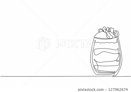 Single continuous line drawing chocolate parfait with various layers in glass. Sweet taste in the mouth. More refreshing in summer. National Chocolate Parfait Day. One line design vector illustration Single continuous line drawing chocolate parfait with various layers in glass. Sweet taste in the mouth. More refreshing in summer. National Chocolate Parfait Day. One line design vector illustration 127962674