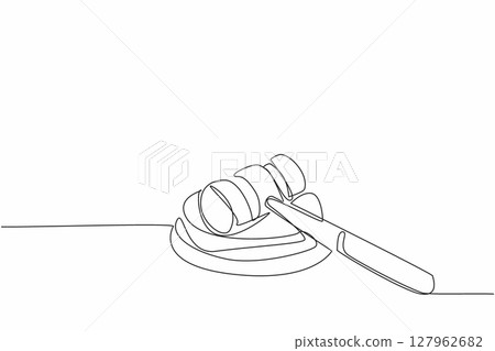 Single continuous line drawing judge gavel lying position on its wooden base. The gavel banging of the judge presiding over the trial of the case. Verdict. Law Day. One line design vector illustration 127962682
