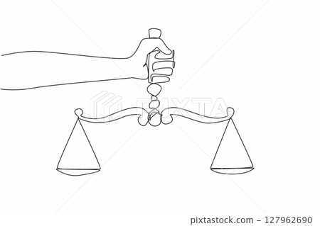 Single continuous line drawing human hand holding a scale. Symbolism. Uphold just laws. Create a sense of security for others. Equality before the law. Law Day. One line design vector illustration 127962690