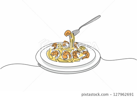 Single one line drawing fork pick up shrimp scampi. Want to taste the warm food that has just been served. Savory. Delicious. National Shrimp Scampi Day. Continuous line design graphic illustration 127962691