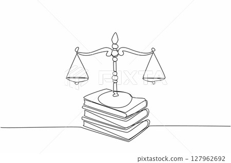 Continuous one line drawing scale on top of 3 stacks of thick books. Symbol of the rule of law. Just law. Justice makes society safe. Equality. Law Day. Single line draw design vector illustration 127962692