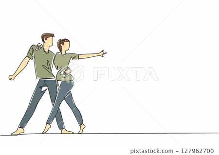 Single continuous line drawing married couple dancing on the dancefloor. Dancing to the music. Rhythm of singing. Salsa dance. Tango dance. International Dance Day. One line design vector illustration Single continuous line drawing married couple dancing on the dancefloor. Dancing to the music. Rhythm of singing. Salsa dance. Tango dance. International Dance Day. One line design vector illustration 127962700
