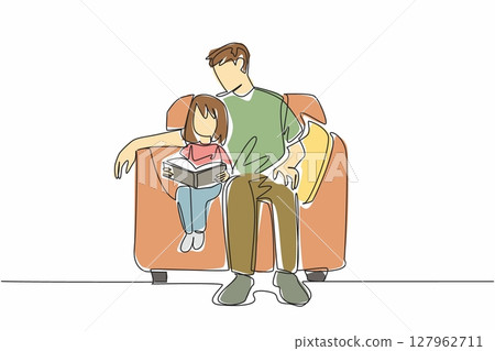 Single one line drawing a father sits on a single sofa with his daughter who is reading a book. Spending the weekend together. National Pet Parents Day. Continuous line design graphic illustration 127962711