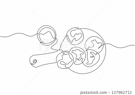 Continuous one line drawing oatmeal cookies on a round wooden cutting board with glass of milk. Ready to face the day. Calcium. National Oatmeal Cookie Day. Single line draw design vector illustration Continuous one line drawing oatmeal cookies on a round wooden cutting board with glass of milk. Ready to face the day. Calcium. National Oatmeal Cookie Day. Single line draw design vector illustration 127962712