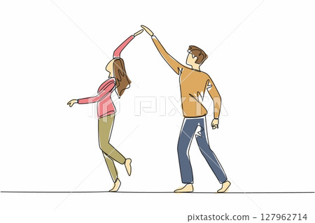 Continuous one line drawing married couple dancing on dancefloor. Hold hands, making gentle turns. Romantic atmosphere adds warmth. International Dance Day. Single line draw design vector illustration Continuous one line drawing married couple dancing on dancefloor. Hold hands, making gentle turns. Romantic atmosphere adds warmth. International Dance Day. Single line draw design vector illustration 127962714