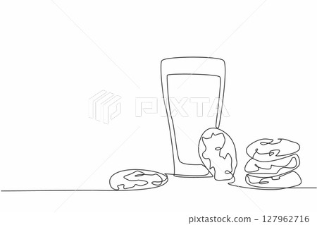 Single one line drawing glass of milk and stacked oatmeal cookies. High calcium, healthy, filling breakfast. Delicious snack. National Oatmeal Cookie Day. Continuous line design graphic illustration 127962716