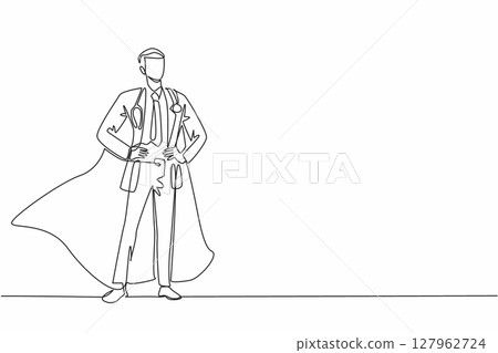Single one line drawing male doctor standing wearing robe and wings. Completed major surgical task. Emergency. The true super hero. National Superhero Day. Continuous line design graphic illustration Single one line drawing male doctor standing wearing robe and wings. Completed major surgical task. Emergency. The true super hero. National Superhero Day. Continuous line design graphic illustration 127962724