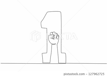 Continuous one line drawing clenched fists in a large number 1. Solidarity, determination, spirit, steadfastness, strong will to demand rights. May Day. Single line draw design vector illustration 127962725
