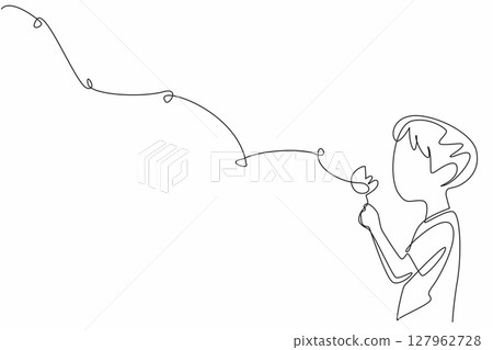 Continuous one line drawing boy holds a dandelion and blows on it so that the flakes fly. Pray and float the hopes into the sky. Dream. World Wish Day. Single line draw design vector illustration 127962728