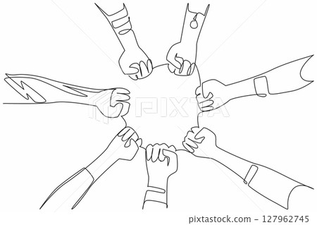 Single one line drawing some superhero hands of various variations and colors. Seven heroes present ready to help humans. Defender. National Superhero Day. Continuous line design graphic illustration 127962745