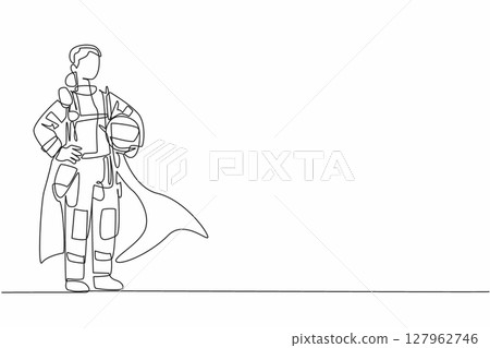 Single continuous line drawing female firefighter in full uniform and wings holding waist. Have the same ability as men. Skilled worker. National Superhero Day. One line design vector illustration Single continuous line drawing female firefighter in full uniform and wings holding waist. Have the same ability as men. Skilled worker. National Superhero Day. One line design vector illustration 127962746