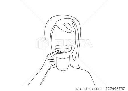 Single continuous line drawing woman opens mouth and shows bleeding gums with finger. Poor oral hygiene. Disease. Gingivitis. International Scurvy Awareness Day. One line design vector illustration 127962767