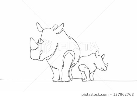 Single one line drawing mother rhino and baby rhino standing side by side and looking to the side. Observing the green safari. Habitat. Save the Rhino Day. Continuous line design graphic illustration 127962768