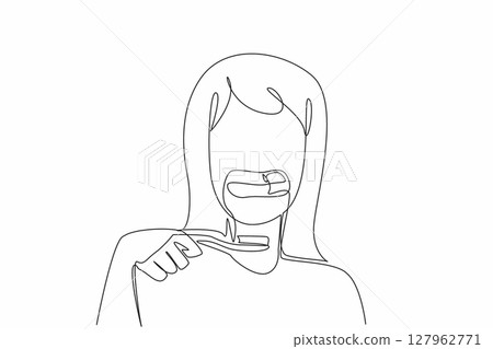 Continuous one line drawing woman opens mouth and shows teeth with bleeding gums and toothbrush. Infection. Gingivitis. International Scurvy Awareness Day. Single line draw design vector illustration 127962771